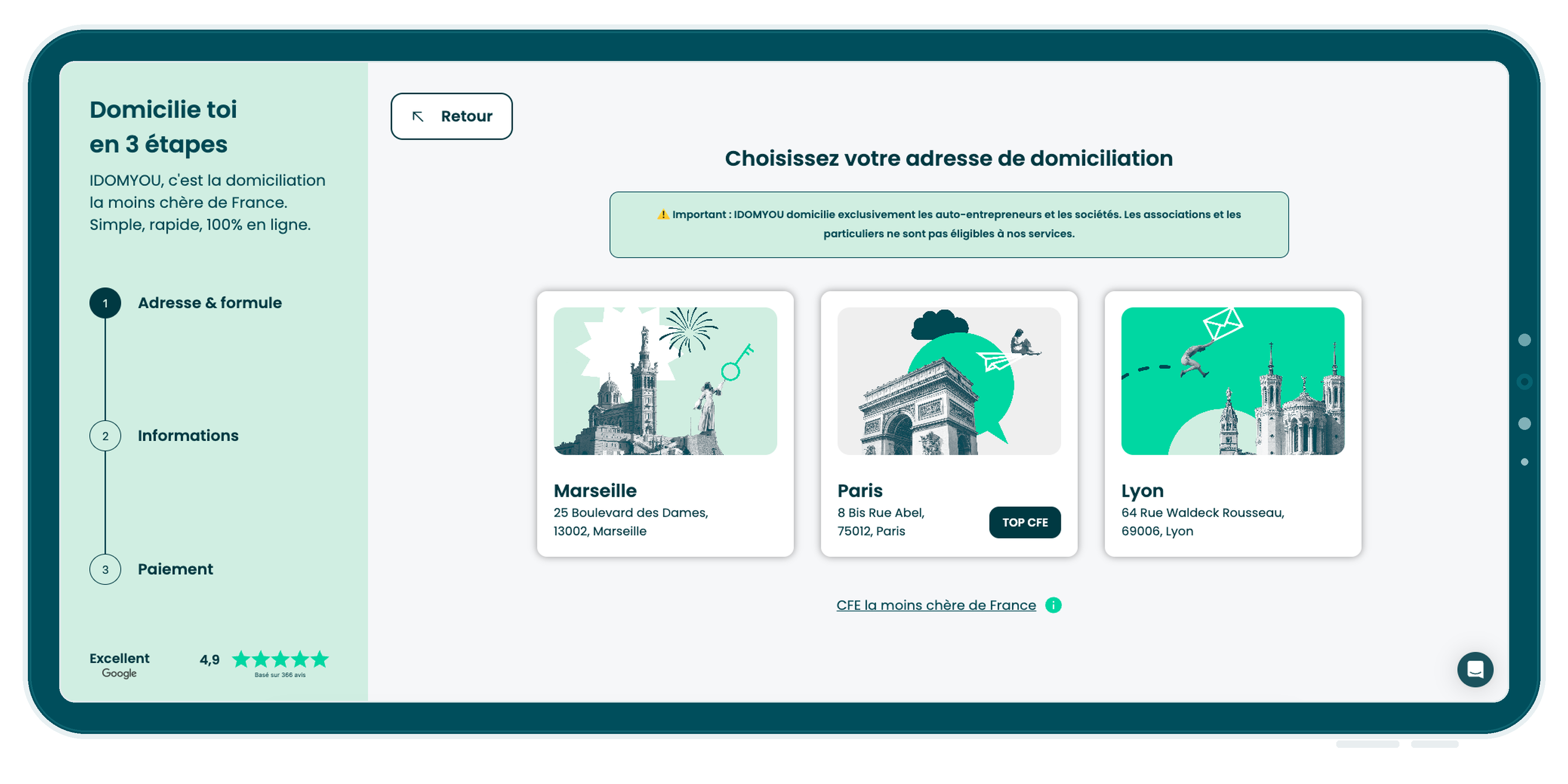 Parcours de choix d'adresse de domiciliation IDOMYOU dans une tablette